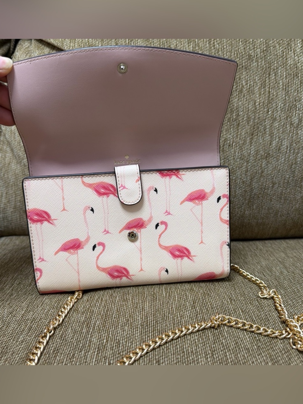 kate spade Flamingo Print Chain Crossbody in White and Pink Mini Purse - Picture 5 of 9